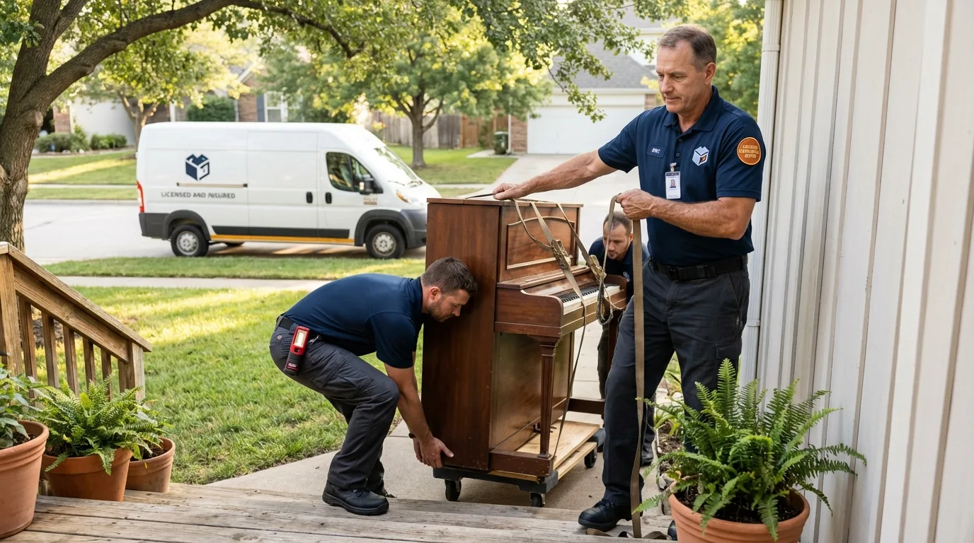 Licensed piano movers securing grand piano in Syosset, NY