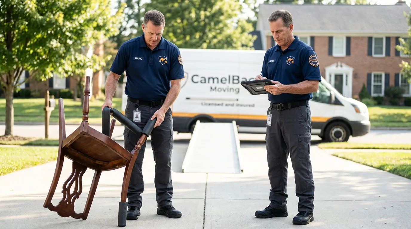 Movers inspecting furniture for damage prevention before loading in Syosset, NY