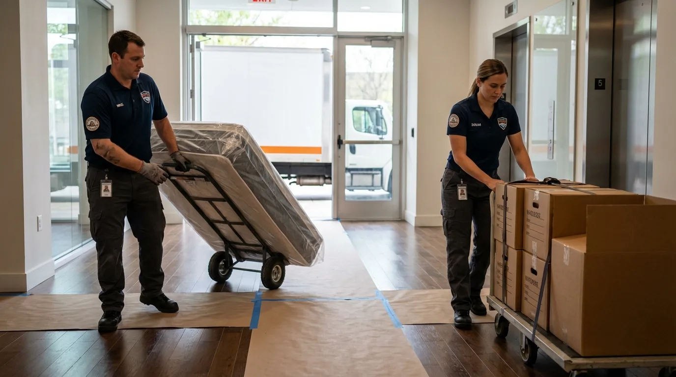 Professional apartment movers loading elevator in Syosset, NY