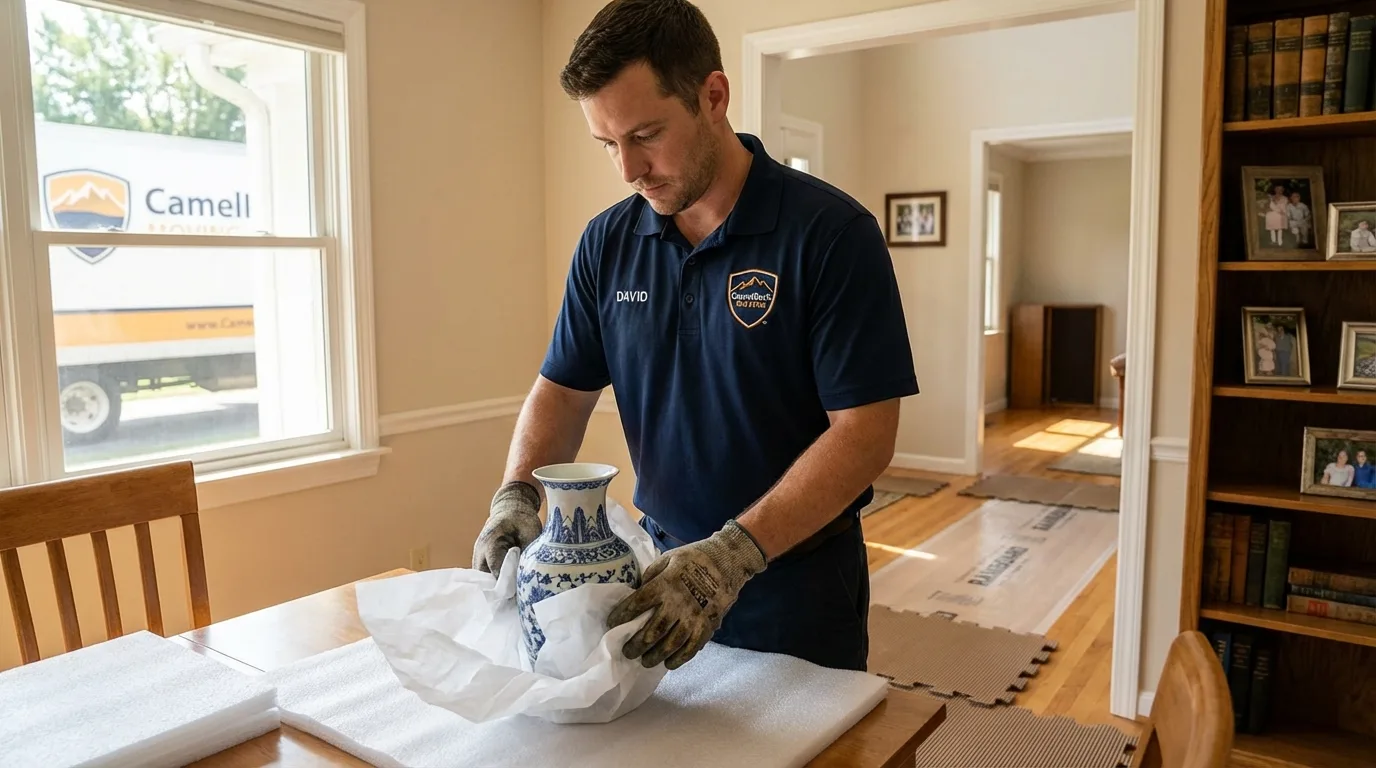Professional crew carefully wrapping antique vase for senior downsizing move in Syosset, NY